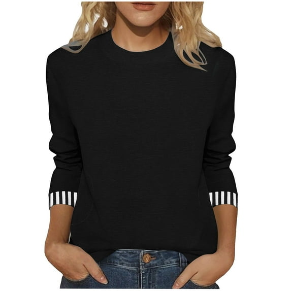 3/4 Length Sleeve Shirts for Women New Summer Clothing Top Fashion Striped Patchwork Sleeve Print T-Shirts Women's Blouses Pullover Tops Plus Size