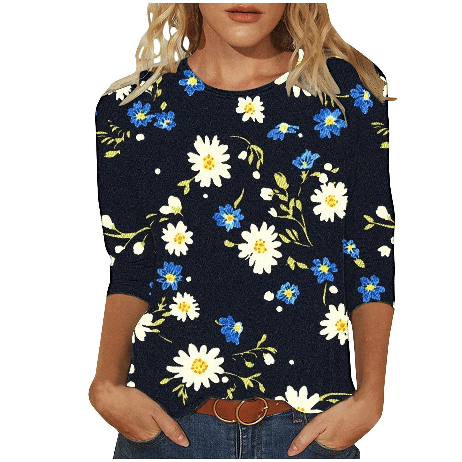 3/4 Length Sleeve T-Shirts for Women New Summer Clothing Tops Fashion Floral Print Shirts Women's Blouses Pullover Tops