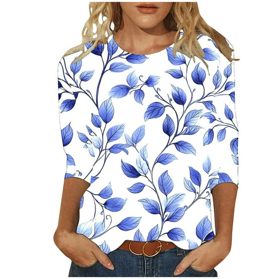 3/4 Length Sleeve T-Shirts for Women New Summer Clothing Tops Fashion Floral Print Shirts Women's Blouses Pullover Tops