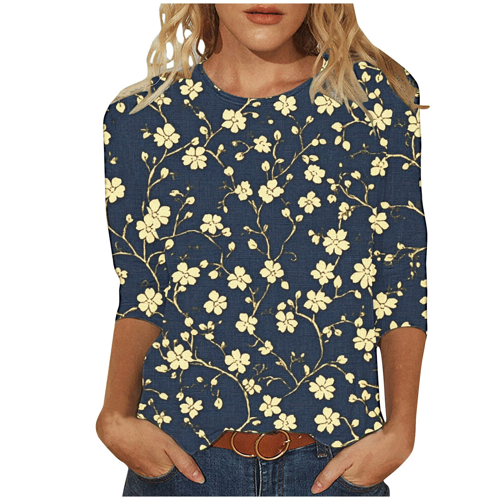 3/4 Length Sleeve T-Shirts for Women New Summer Clothing Tops Fashion Floral Print Shirts Women's Blouses Pullover Tops