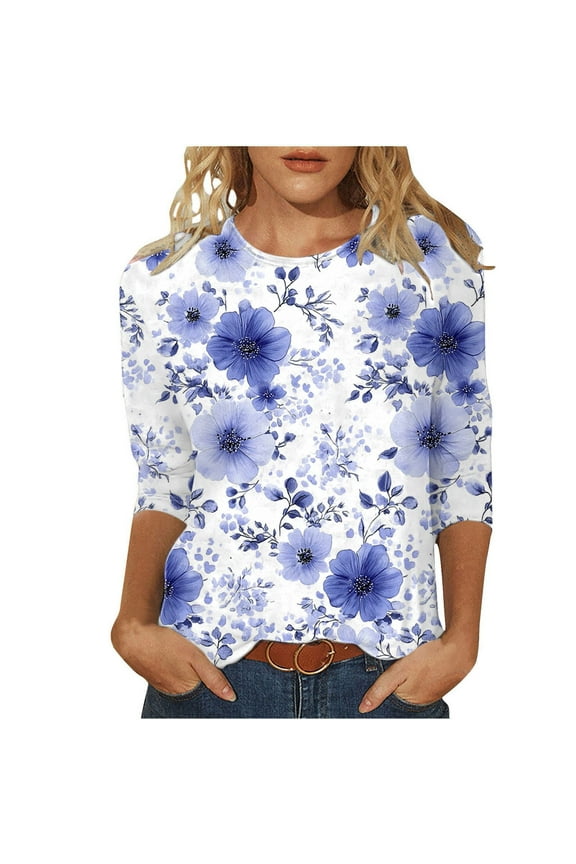 3/4 Length Sleeve T-Shirts for Women New Summer Clothing Tops Fashion Floral Print Shirts Women's Blouses Pullover Tops