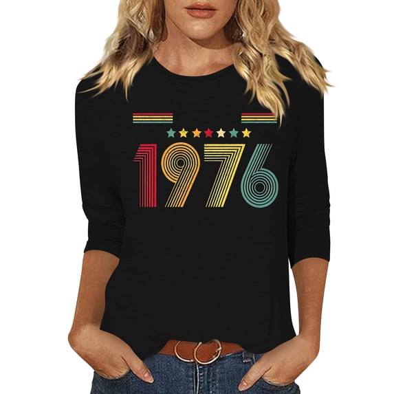 3/4 Length Sleeve Tees For Women 1976 Graphic Print Crew Neck Pullover Tops Casual Trendy Vintage T Shirts (S, Black)