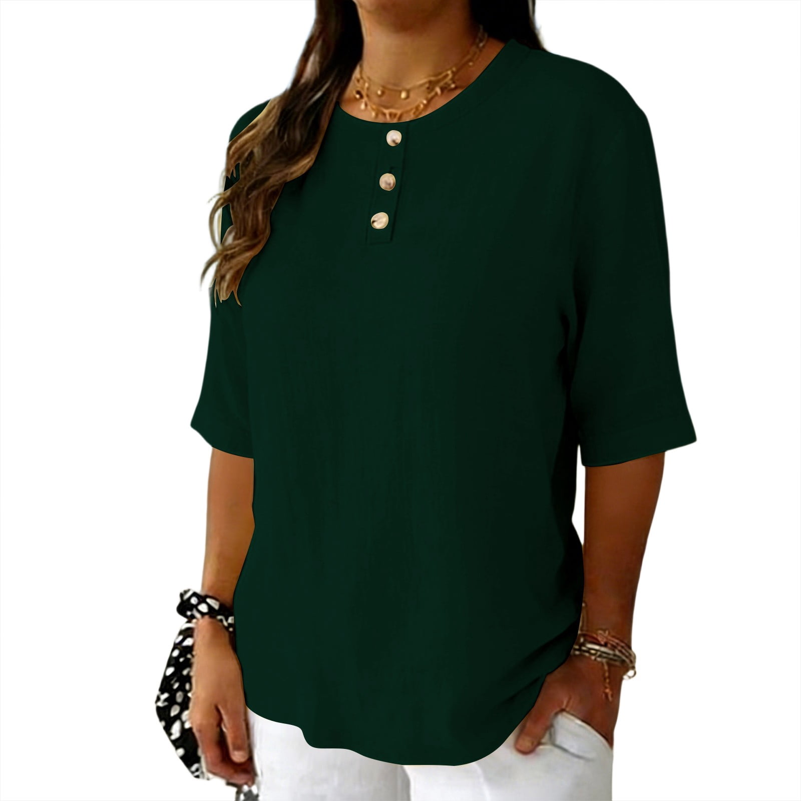 3/4 Length Sleeve Tops for Women Crew Neck Ruched Collar Blouses Cotton ...