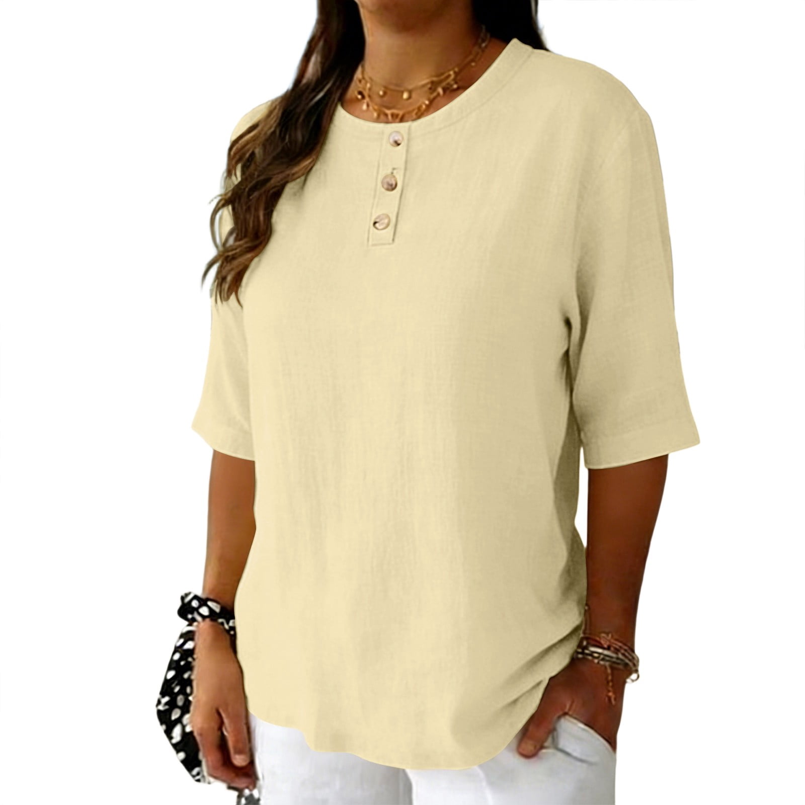 3/4 Length Sleeve Tops for Women Crew Neck Ruched Collar Blouses Cotton ...