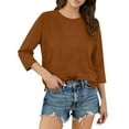 thumbnail image 1 of 3/4 Length Sleeve Tops for Women Crew Neck Solid Shirts Loose Lightweight Tees Business Casual Outfits Fashion Trendy Loungewear Casual Blouses Solid Color Tshirts Brown S, 1 of 9