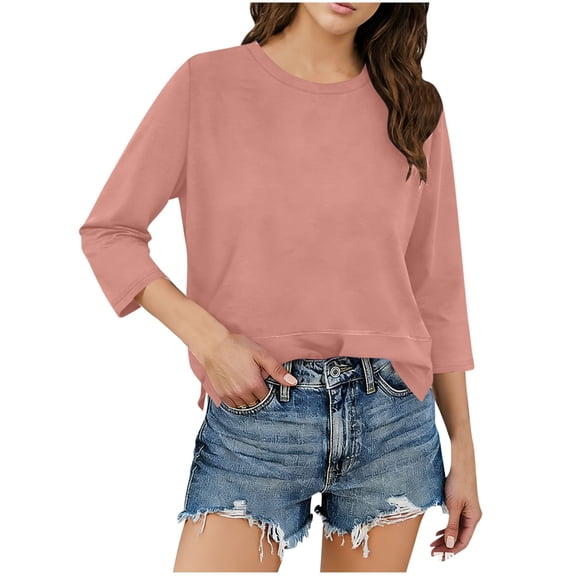 3/4 Length Sleeve Tops for Women Crew Neck Solid Shirts Loose Lightweight Tees Business Casual Outfits Fashion Trendy Loungewear Casual Blouses Solid Color Tshirts Pink XL