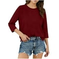 thumbnail image 1 of 3/4 Length Sleeve Tops for Women Crew Neck Solid Shirts Loose Lightweight Tees Business Casual Outfits Fashion Trendy Loungewear Casual Blouses Solid Color Tshirts Red S, 1 of 9