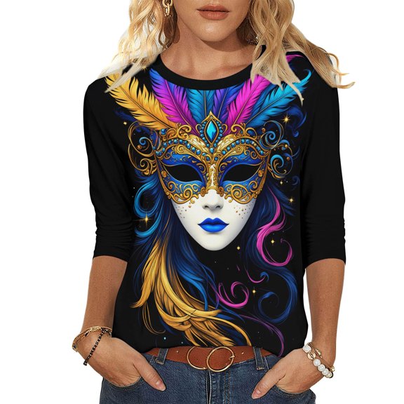 3/4 Length Sleeve Tops for Women Mardi Gras Blouses Carnival Parade Street T-Shirt Fat Tuesday Three Quarter Sleeve Shirts Mask Graphic Funny Top Tee Funny Holiday Costumes Clothes