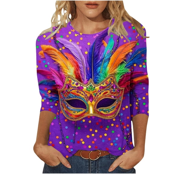 3/4 Length Sleeve Tops for Women Mardi Gras Shirts Carnival Parade Street T-Shirt Fat Tuesday Three Quarter Sleeve Blouses Mask Graphic Funny Top Tee Funny Holiday Clothes