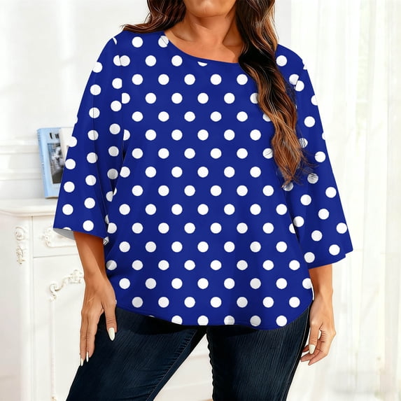 3/4 Length Sleeve Tops for Women Plus Size Crewneck Short Sleeve T Shirts Summer Casual Polka Dots Printed Oversized Round Neck Loose Comfy Tee Shirts