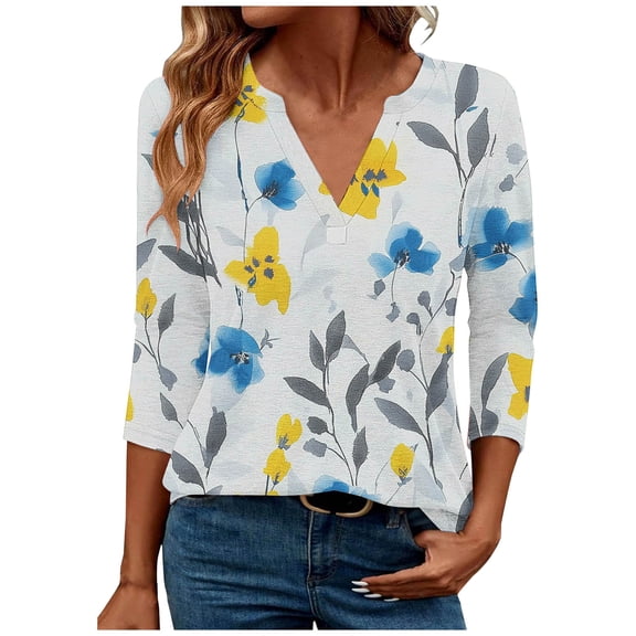 3/4 Length Sleeve Tops for Womens Daisy Print Tunic Blouses Henley Neck Pullover Sweatshirt Trendy Floral Tees Shirts Going Out Outdoor Beach Holiday Outfits