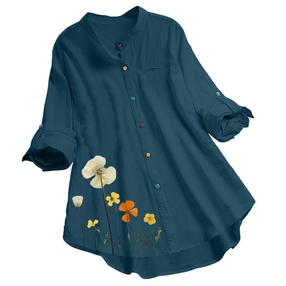 3/4 Length Sleeve Tops Womens Lapel Collar Long Sleeve Button Up Floral Print Casual Loose Solid Shirt Flowy Blouses Tops for Women,Dark Blue,5XL