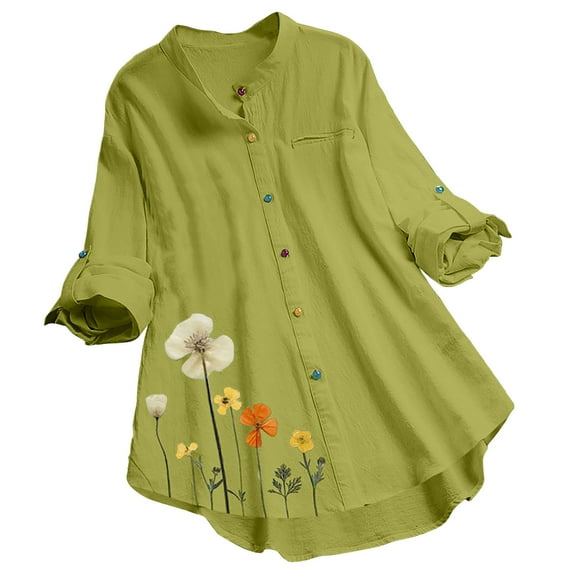 3/4 Length Sleeve Tops Womens Lapel Collar Long Sleeve Button Up Floral Print Casual Loose Solid Shirt Flowy Blouses Tops for Women,Green,L