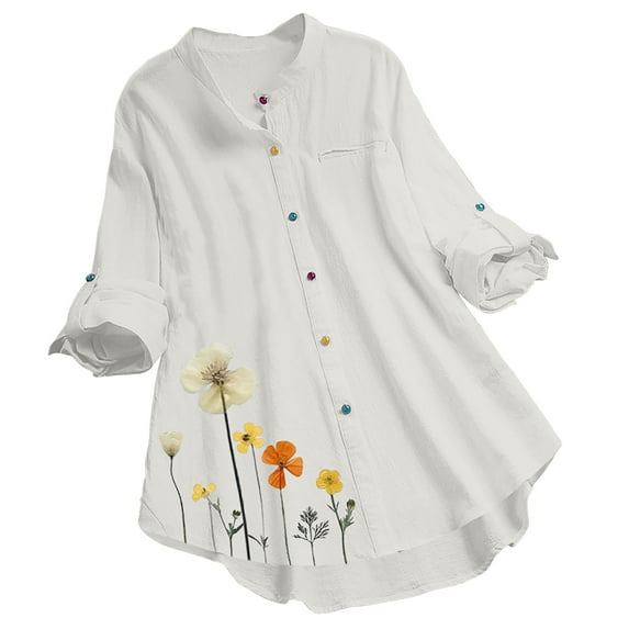 3/4 Length Sleeve Tops Womens Lapel Collar Long Sleeve Button Up Floral Print Casual Loose Solid Shirt Flowy Blouses Tops for Women,White,3XL