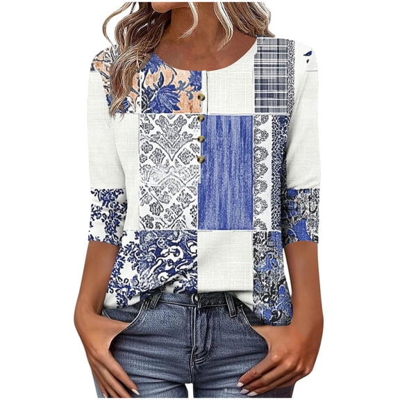 3/4 Length Sleeve Tops For Womens Round Neck Tee T Shirts Classic Printed Tunic Blouses Loose Fit Tee Shirts Spring Summer Vacation Beach Party Clothes