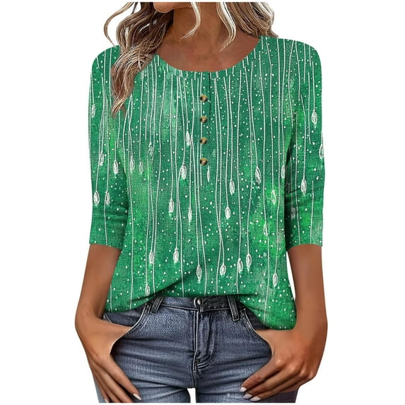 3/4 Length Sleeve Tops For Womens Round Neck Tee T Shirts Classic Printed Tunic Blouses Loose Fit Tee Shirts Spring Summer Vacation Beach Party Clothes