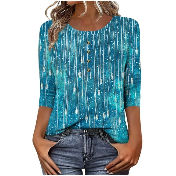 3/4 Length Sleeve Tops For Womens Round Neck Tee T Shirts Classic Printed Tunic Blouses Loose Fit Tee Shirts Spring Summer Vacation Beach Party Clothes