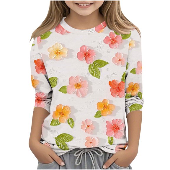 3/4 Length Sleeve Tops for Teen Girls Crewneck Trendy Colorful Floral Printed Summer Tops Kids Lightweight Cozy Blouse