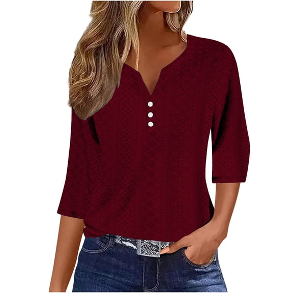 3/4 Length Sleeve Tops for Women Casual V Neck Button Down Tunic Eyelet T-Shirts Basic Flowy Loose Fit Blouses