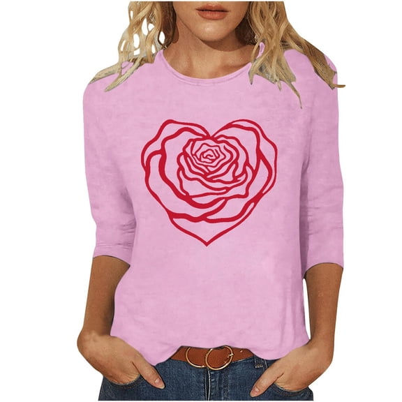 3/4 Length Sleeve Tops for Women Cute Hearts Printed Valentines Day Holiday Tees Long Sleeve Crewneck T-shirts (XL, Pink #B)