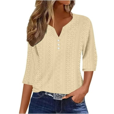 3/4 Length Sleeve Tops for Women Loose V-Neck Eyelet T-Shirts Summer and Fall Dressy Casual Ruffle Sleeve Tunic Blouses