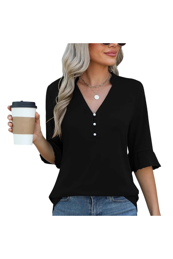 3/4 Length Sleeve Tops for Women Solid Color V Neck Spring Shirts Ladies Top Summer Shirt Casual Blouse Black 2XL