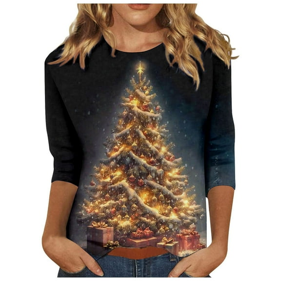 3/4 Length Sleeve Tops for Women Trendy 2025 Christmas Tree Print Tunic Tops Classic Crewneck Comfy Vacation Tees