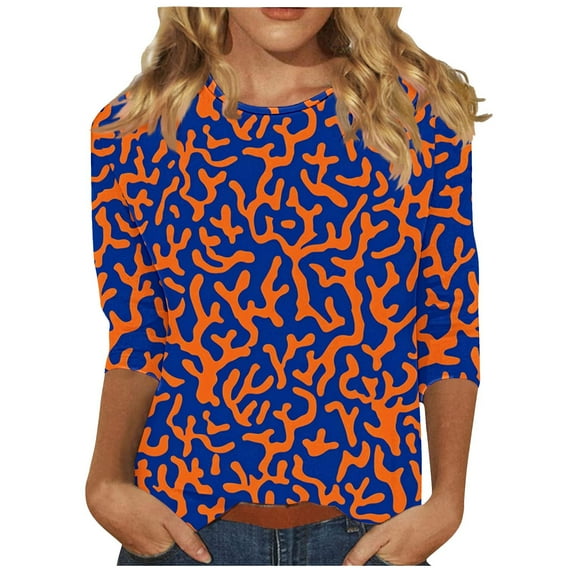 3/4 Length Sleeve Tops for Women Trendy Floral Printed Crew Neck Graphic Tees Casual Polyester Cotton T Shirts (XL, Orange)