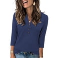 thumbnail image 1 of 3/4 Length Sleeve Tops for Women with Buttons V Neck Pullover Basic Tees Solid Casual Summer T-shirts (XL, Navy), 1 of 6