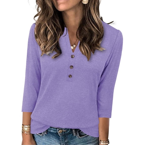 3/4 Length Sleeve Tops for Women with Buttons V Neck Pullover Basic Tees Solid Casual Summer T-shirts (XL, Purple)