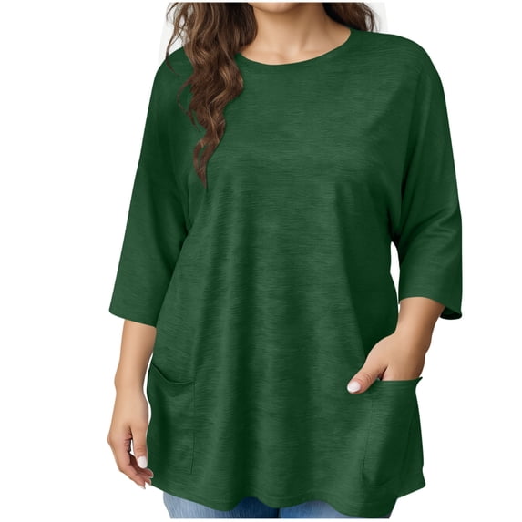 3/4 Length Sleeve Tshirts Womens Plus Size Clothes Soft Crewneck Tee Tops with Pockets Summer Spring Outfits Army Green, L