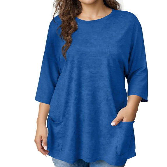 3/4 Length Sleeve Tshirts Womens Plus Size Clothes Soft Crewneck Tee Tops with Pockets Summer Spring Outfits Blue, 4XL