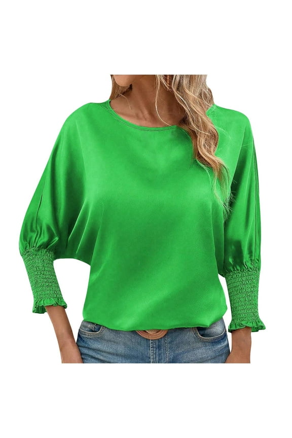 3/4 Length Sleeve Tunic Tops for Womens Summer 2025 Trendy Crew Neck Smocked Cuff Work Dressy Casual T Shirt Blouses Short Sleeve Shirts Green S