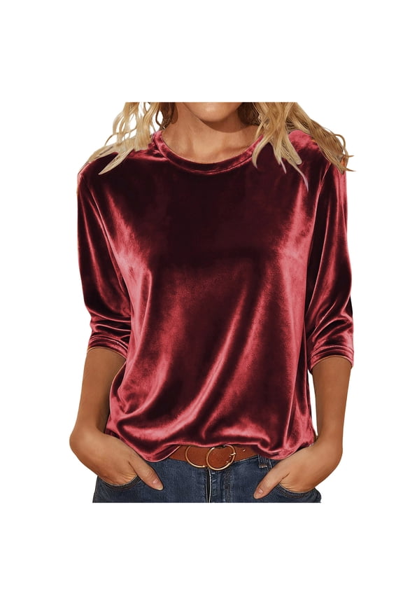 3/4 Length Sleeve Velvet Shirts for Women Round Neck Gold Velvet Dressy Tops Vintage Elegant Holiday Tunic Blouses