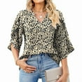 thumbnail image 1 of 3/4 Length Sleeve Women'S Tops Loose V-Neck Petal Chiffon Print Shirt Business Work Blouses Black Leaves M, 1 of 5