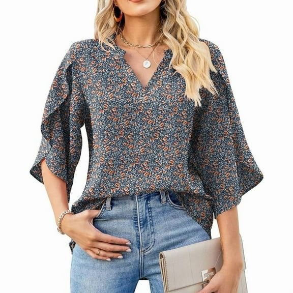 3/4 Length Sleeve Women'S Tops Loose V-Neck Petal Chiffon Print Shirt Business Work Blouses Blue Florals L