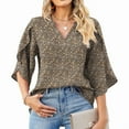 thumbnail image 1 of 3/4 Length Sleeve Women'S Tops Loose V-Neck Petal Chiffon Print Shirt Business Work Blouses Brown Florals XL, 1 of 5