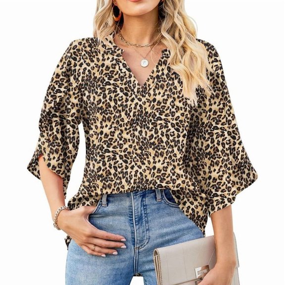 3/4 Length Sleeve Women'S Tops Loose V-Neck Petal Chiffon Print Shirt Business Work Blouses Leopard Print S