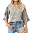 thumbnail image 1 of 3/4 Length Sleeve Women'S Tops Loose V-Neck Petal Chiffon Print Shirt Business Work Blouses White Floral L, 1 of 5