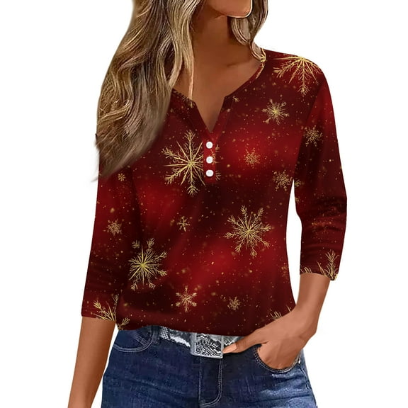 3/4 Length Sleeve Women Tops Christmas V Neck 3/4 Length Sleeve Womens Christmas Tops Xmas Tree Snowflake Print Henley Tshirts Dressy Casual Blouse Western Tops Half Sleeve Tops Tees & Blouses