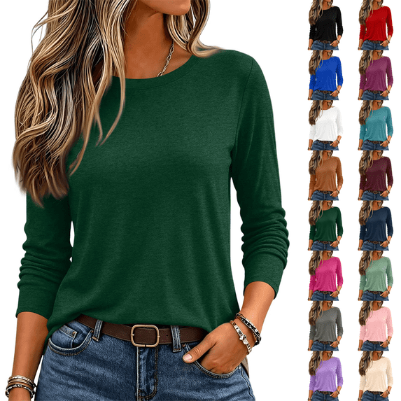 3/4 Length Sleeve Women Tops Crew Neck Blouses Dressy Casual Summer T Shirts Loose Fit Business Work Clothes Dark Green L