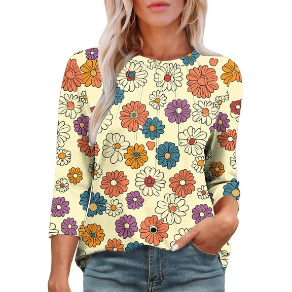 3/4 Length Sleeve Women Tops Crew Neck Blouses Dressy Casual Summer T Shirts Loose Fit Yellow M