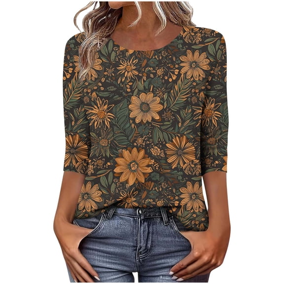 3/4 Length Sleeve Women Tops Crew Neck Blouses Dressy Casual Vintage Graphic Shirts Boho Business Work Clothes