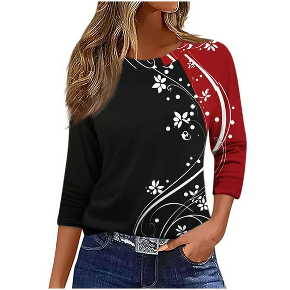 3/4 Length Sleeve Women Tops Crew Neck Blouses Plus Size Dressy Casual Summer T Shirts Fashion Print Shirts Pullover Loose Fit Business Work Clothes