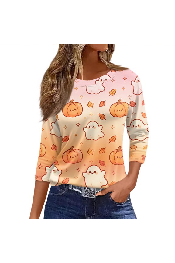 3/4 Length Sleeve Women Tops Halloween Pumpkin Print Tees Crewneck Loose Tunic Tops for Halloween Party Costumes