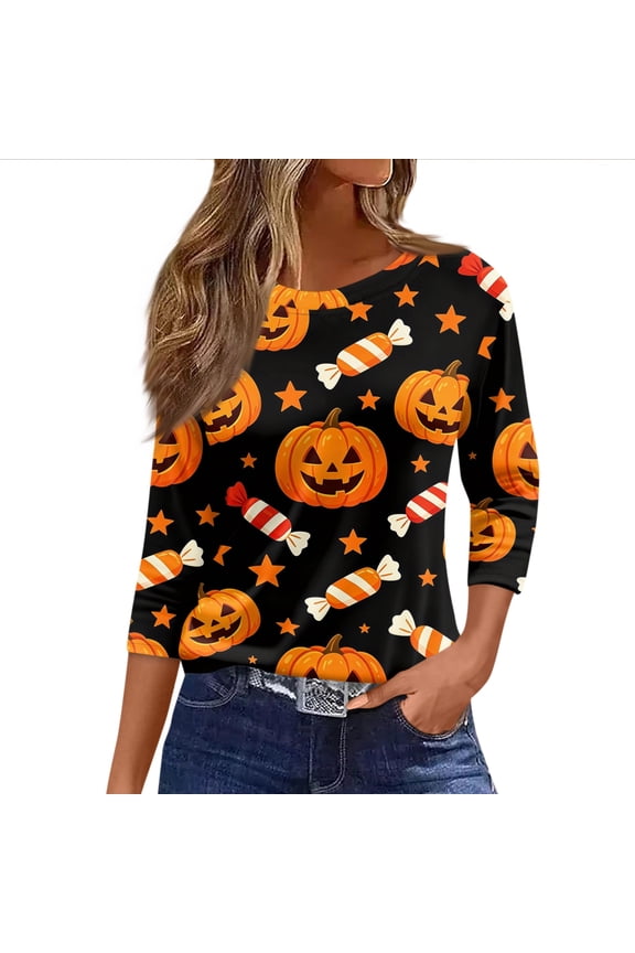 3/4 Length Sleeve Women Tops Halloween Pumpkin Print Tees Crewneck Loose Tunic Tops for Halloween Party Costumes