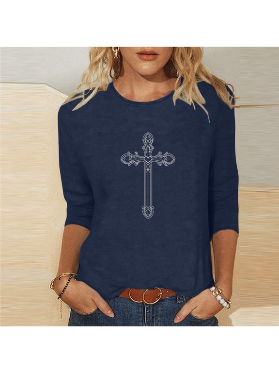 3/4 Length Sleeve Women Tops Plus Size Crewneck Short Sleeve T Shirts Summer Casual Solid Round Neck Oversized Easter Printed Loose Comfy Three Quarter Sleeve Tee Shirt