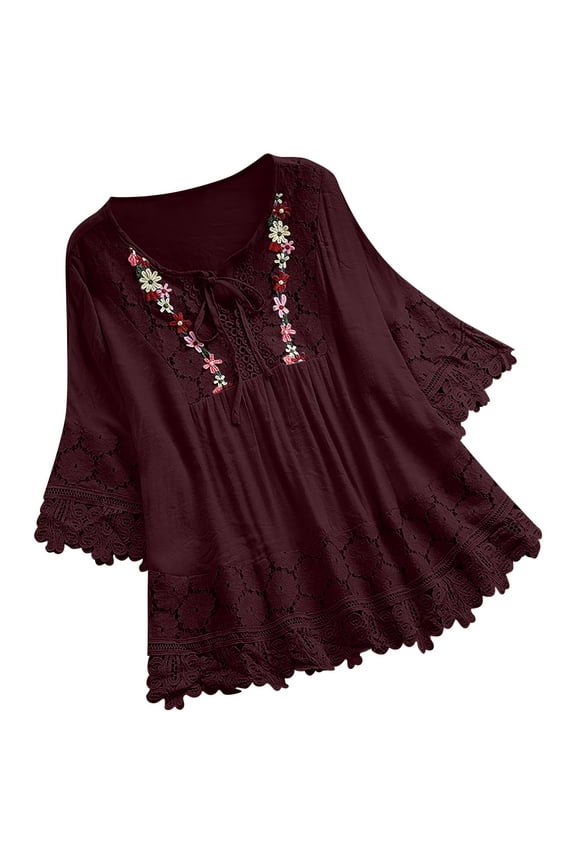 3/4 Length Sleeve Womens Boho Tops Cotton Linen Embroidered Shirts Plus Size Flowy Lace Tunic Peasant Blouses