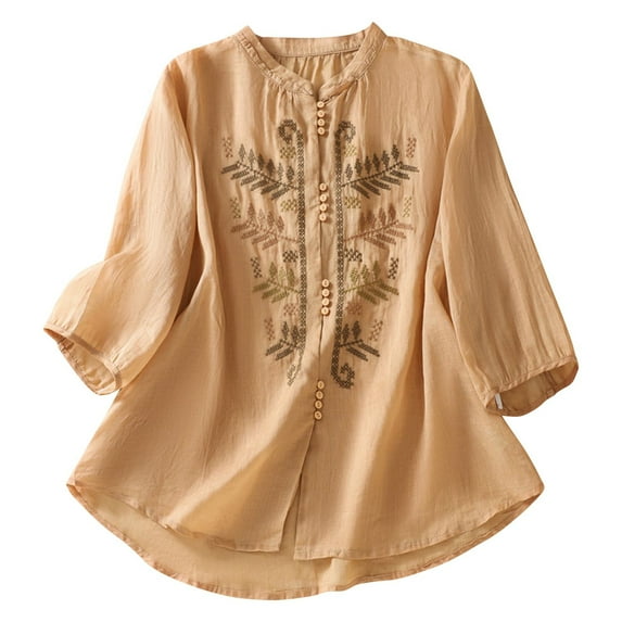 3/4 Length Sleeve Womens Boho Tops Cotton Linen Mexican Embroidered Shirts Vintage Flowy Tunic Peasant Blouses