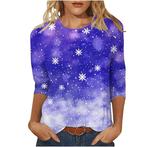 3/4 Length Sleeve Womens Christmas Tops Casual Loose Fit Crewneck T Shirts Cute Xmas Santa Claus Graphic Tees